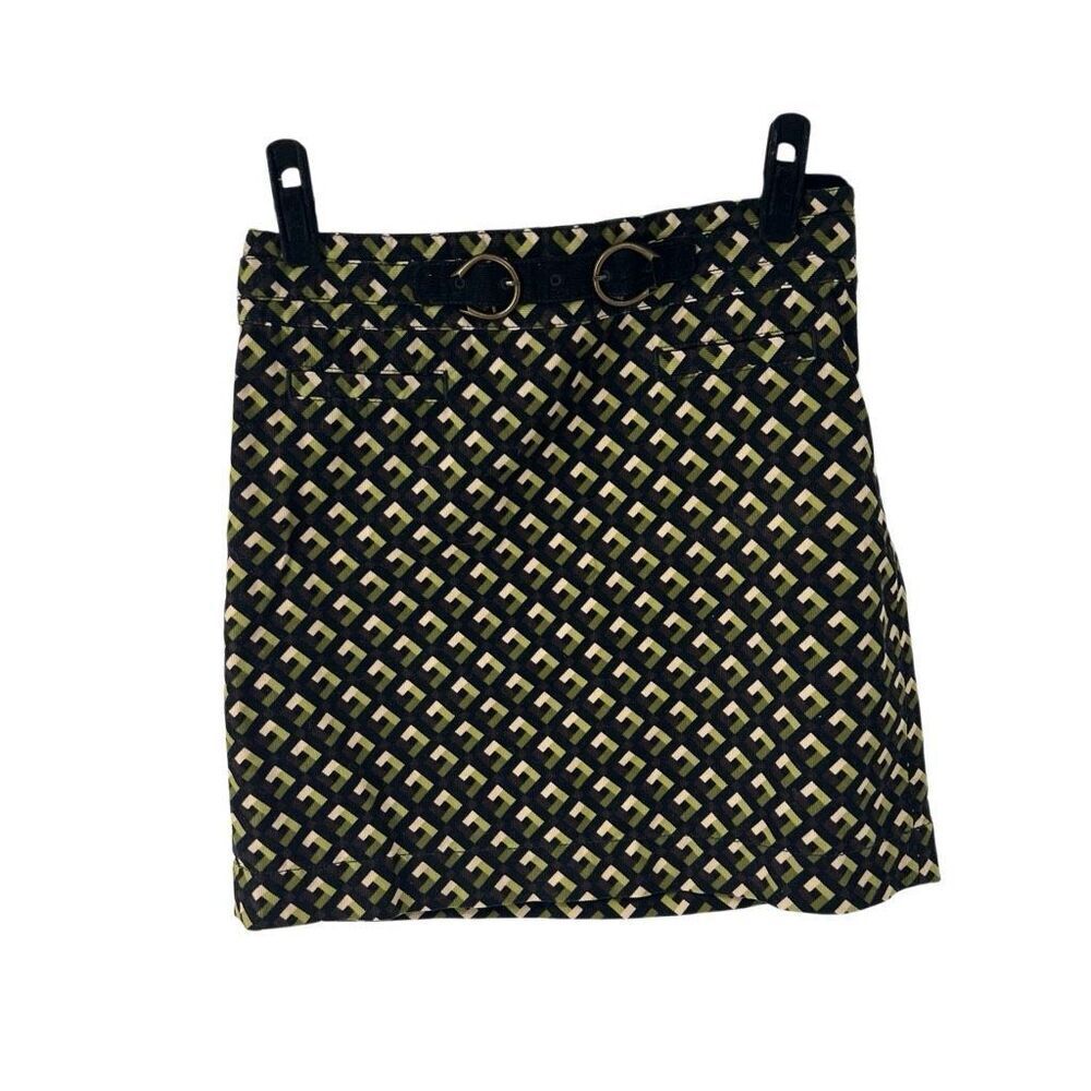 Loft Mini‎ Skirt Green Retro Pattern Faux Belt Accent Womens 0